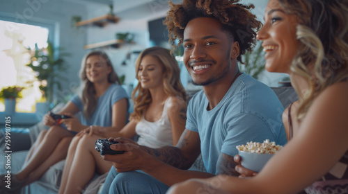 A group of young adults are sitting on a couch, enjoying themselves while playing video games and eating popcorn.