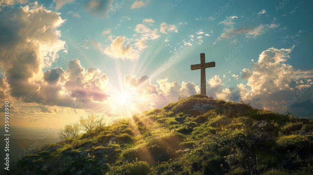 Fototapeta premium cross on top of a hill with sunlight and clouds 