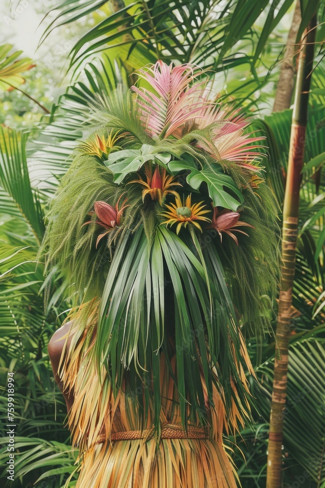 Fototapeta premium Lush green foliage and bright flowers arranged in an artistic and unique way in a tropical green environment