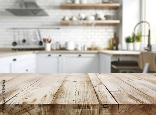 Blurred kitchen interior with empty wooden table top for product display montage, focusing on the center of the blurred background