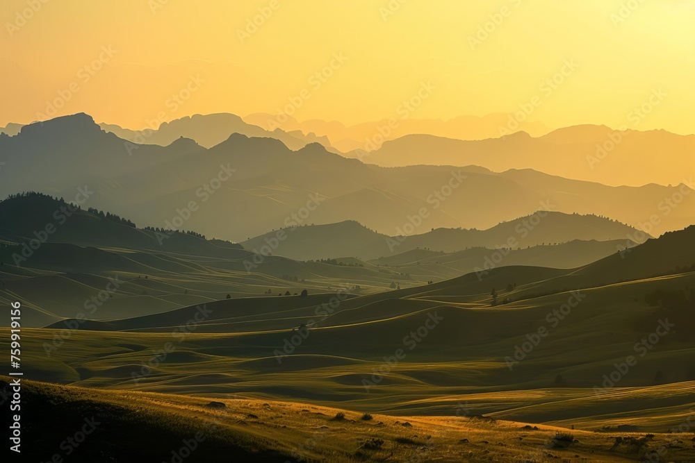 Mountainous terrain bathed in the golden hues of sunset Creating a serene and majestic landscape