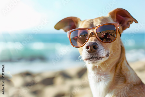 Beach portrait of funny dog with sunglasses on vacation. Copy space for promotional text