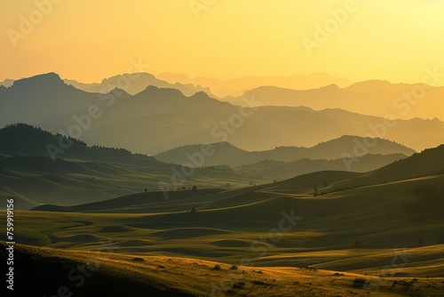 Mountainous terrain bathed in the golden hues of sunset Creating a serene and majestic landscape