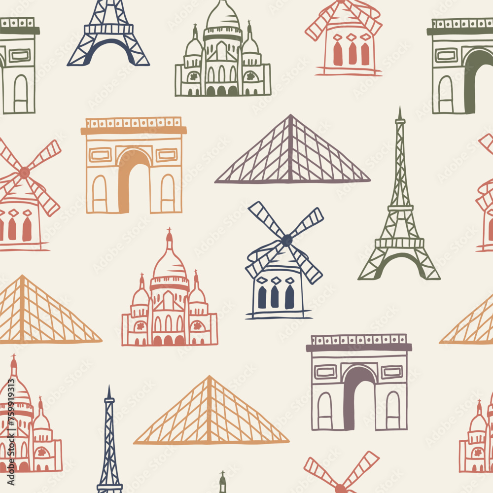 Line art doodle Paris sightseeings seamless pattern