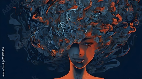 Woman face symbolizing her struggles, complexity, mental pressure. Symbolizing the complexity of human consciousness. Neural diversity photo
