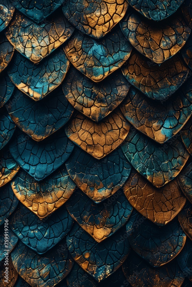 Fototapeta premium Detailed view of the texture and colors of a blue and gold dragons skin.