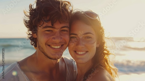 Beautiful young couple smiling on a summer day at the beach.
