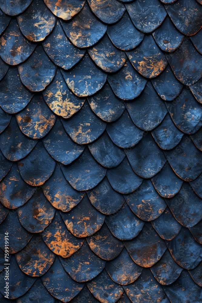 A detailed close-up view of the intricate patterns and texture of the blue scales on a dragons skin.