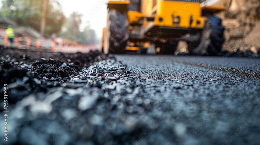 Naklejka premium Detailed scene of tarmac laying by a skilled crew with machinery in motion and asphalt being leveled evoking progress.