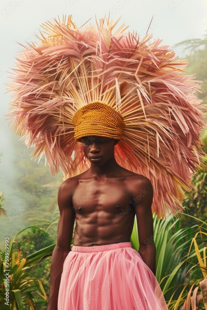The model stands confidently with a grand feathered piece behind him, set against a tropical backdrop