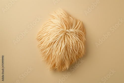 A fluffy lions mane mushroom displayed from an overhead view on a beige background