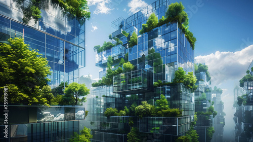 Futuristic glass building mirroring the sky integrated with green spaces to emphasize eco friendliness in urban settings.