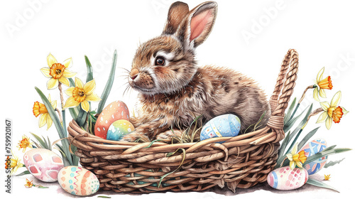easter bunny and eggs in a basket isolated against transparent background 