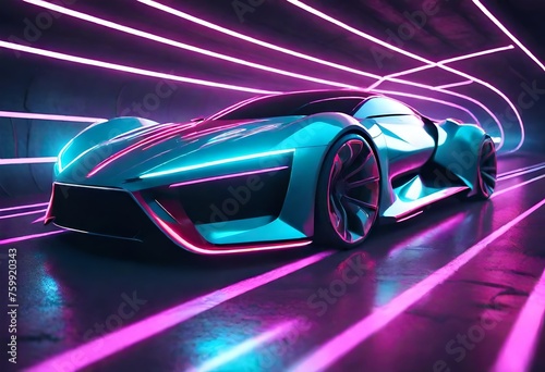 The concept of a futuristic sports car running in a tunnel with neon light strips. 3d illustration