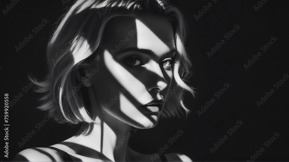 black and white noir beauty portrait, female in dramatic light post-modern woman portrait, high-contrast black and white noir beauty portrait, female in dramatic light post-modern woman portrait, high-contrast