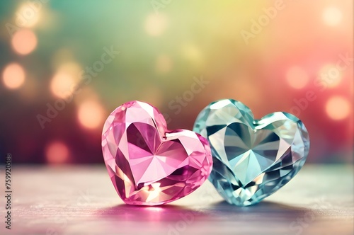Two Heart shaped diamonds on bokeh background with copy space to celebrate love. Love-themed concept. Romantic design perfect for Valentine's Day cards, backdrop, poster
