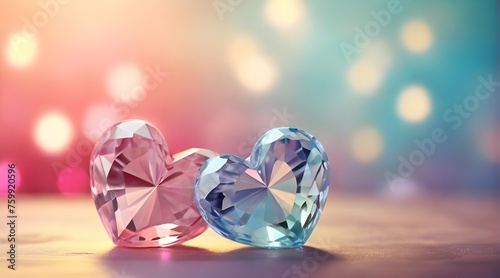 Two Heart shaped diamonds on bokeh background with copy space to celebrate love. Love-themed concept. Romantic design perfect for Valentine s Day cards  backdrop  poster