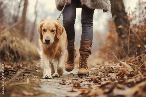 Close up a dog trotting alongside a woman on a forest trail. Low angle view. Dog Day concept