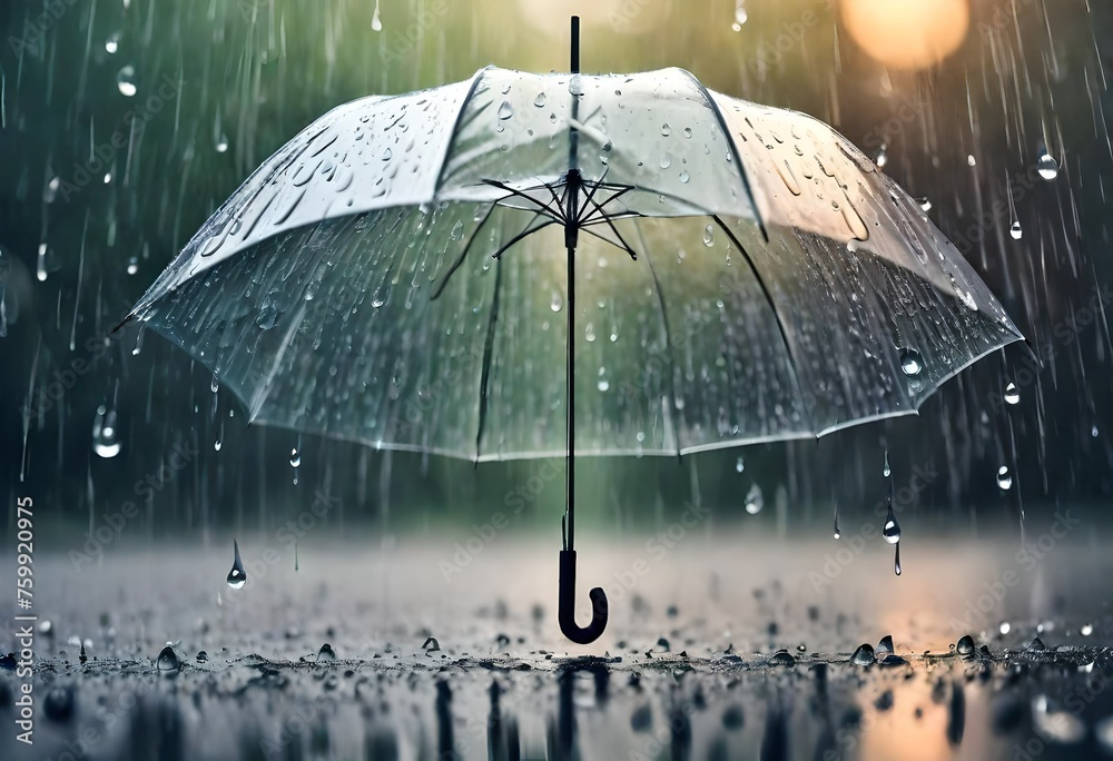 Transparent umbrella under rain against water drops splash background. Rainy weather concept. Digital art