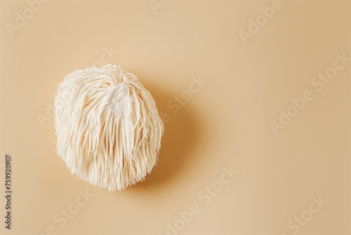 A fluffy lions mane mushroom displayed from an overhead view on a beige background photo