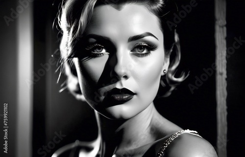 black and white noir beauty portrait, female in dramatic light post-modern woman portrait, high-contrast