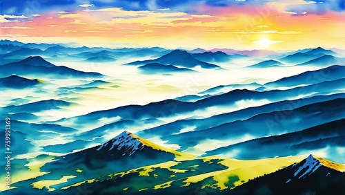 Sky-high mountain peaks, pierced by the first rays of the morning sun. A magical sight and harmony with nature. Watercolor illustration, AI Generated