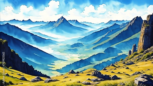 Majestic rocks rising into the sky like guardians of time. A picture of strength and resilience in the mountainous terrain. Watercolor illustration, AI Generated