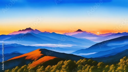 Sky-high mountain peaks, pierced by the first rays of the morning sun. Watercolor illustration, AI Generated