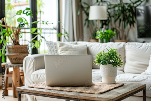 A laptop sitting on a coffee table in a modern living room, with a sofa and decorations in the background.