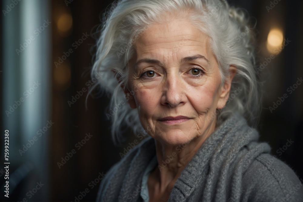 Nachdenkliche Seniorin – ein Leben voller Erfahrungen und Weisheit - obrazy, fototapety, plakaty 