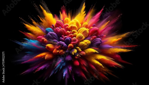 Widescreen stunning moment of brightly colored powders mimic the explosive bloom of a flower