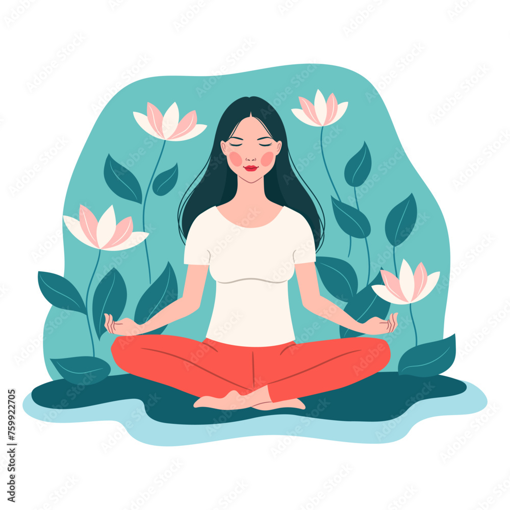 Vector flat design, modern illustration of a woman meditating in lotus pose, isolated on a white background. Young, happy woman practicing yoga. Concept illustration for yoga, and meditation.