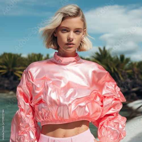 A stylish blonde woman poses by the water in a modern pink outfit, showcasing fashion-forward thinking