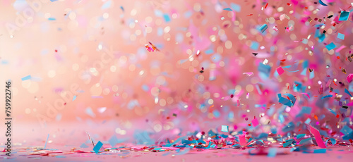 Colorful confetti flying around in the air on the vibrant pastel pink color background. Birthday and party concept banner. 