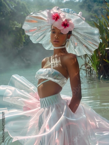 A majestic woman stands in the water, adorned with a shimmering dress and a sun hat with flowers, evoking a sense of fashion