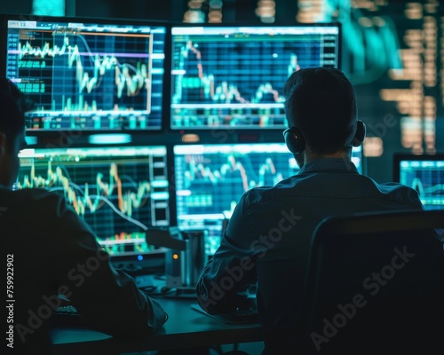 An insider trading scheme using stolen financial data, with culprits monitoring stock fluctuations on multiple screens photo