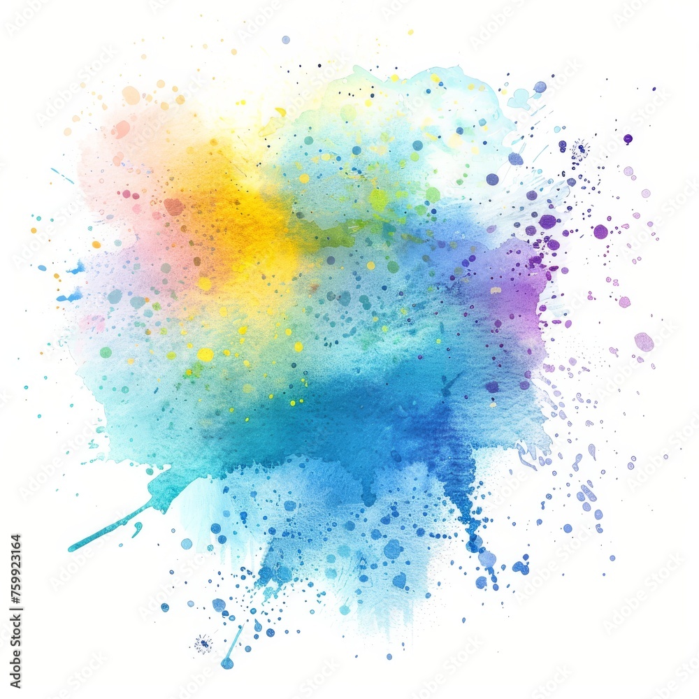 Multicolored watercolor explosion on white, depicting a vibrant blend of colors in a dynamic composition.