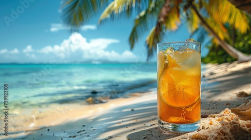 A bright cocktail with ice in a tall glass against the backdrop of a tropical beach. Concept: advertising of beach bars, resort holidays and tourist services