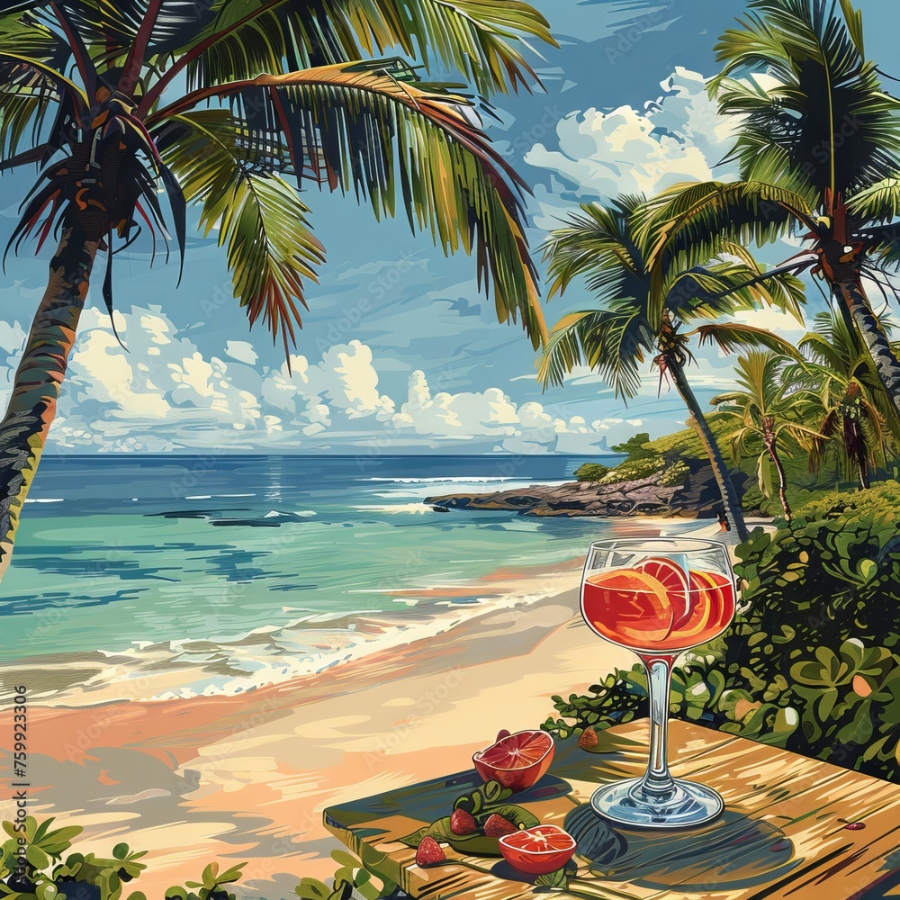 A bright cocktail with ice in a tall glass against the backdrop of a tropical beach.
Concept: advertising of beach bars, resort holidays and tourist services