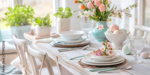 Wallpaper Mural Festive table with spring flowers and coloured eggs to celebrate Easter. 
 Torontodigital.ca