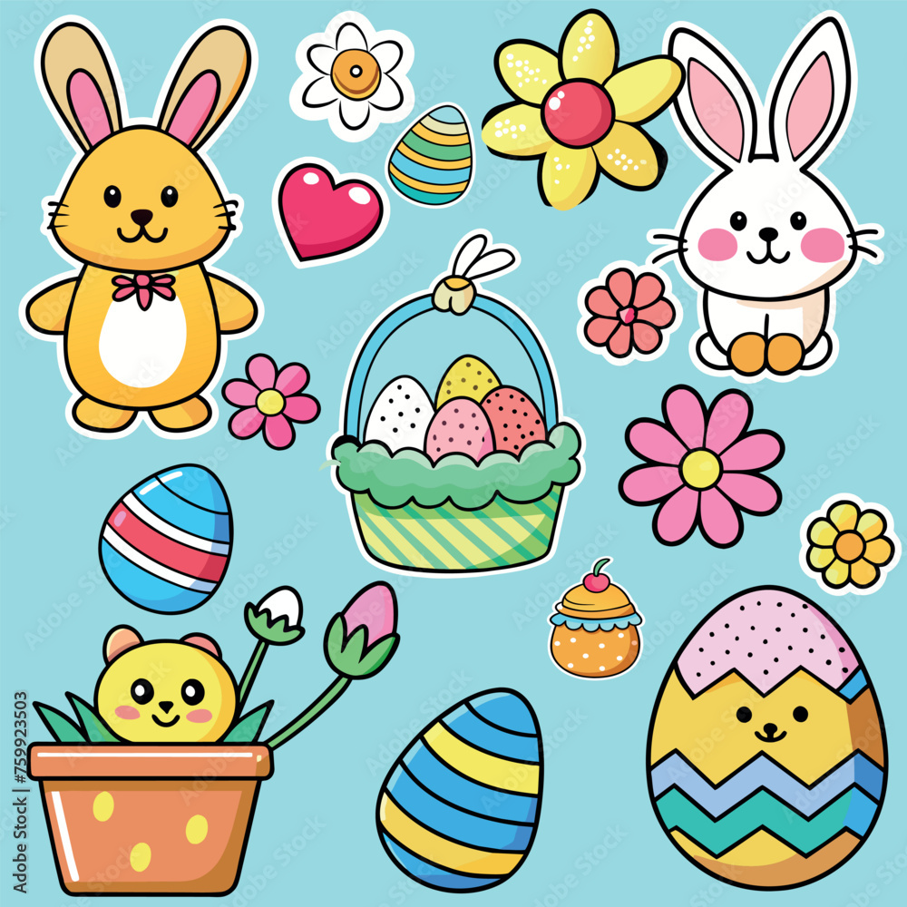 Easter, sticker, hare, eggs, paint, flowers, white, chicken, heart, love, food, baking, basket, carrot, sticker pack, art, vector, illustration, decoration, pink, yellow, blue, colorful, children, spr