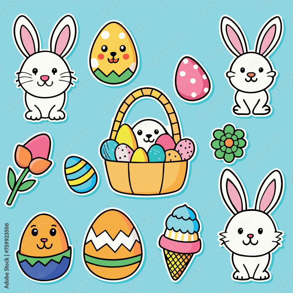 Easter, sticker, hare, eggs, paint, flowers, white, chicken, heart, love, food, baking, basket, carrot, sticker pack, art, vector, illustration, decoration, pink, yellow, blue, colorful, children, spr Easter, sticker, hare, eggs, paint, flowers, white, chicken, heart, love, food, baking, basket, carrot, sticker pack, art, vector, illustration, decoration, pink, yellow, blue, colorful, children, spr