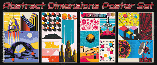 Space Poster Set. Spacecrafts, Landing Module, Asteroid, Alien Panorama, Planets, Geometric Abstract Shapes