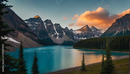 Landscape sunset view of morain lake and mountain rang.