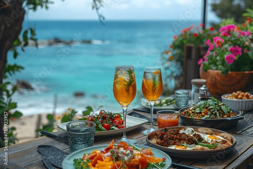 Illustration of delicious looking food beautifully arranged on a beach by the sea. Can be used to attract tourists, promote seaside restaurants, food products, catering services or travel packages