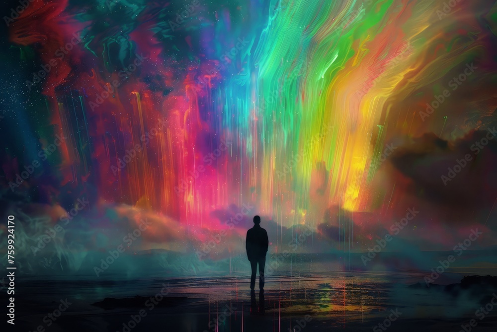 A person stands in front of a vibrant, multicolored sky, filled with hues of orange, pink, purple, and blue. A person stands in front of a vibrant, multicolored sky, filled with hues of orange, pink, purple, and blue.