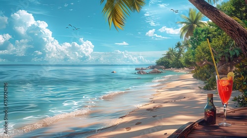 Fototapeta Naklejka Na Ścianę i Meble -  A bright cocktail with ice in a tall glass against the backdrop of a tropical beach.
Concept: advertising of beach bars, resort holidays and tourist services