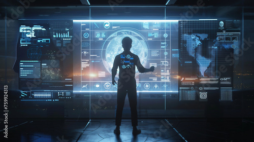 a full-length man stands in a circle against the background of a hologram