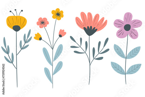 Simple hand-drawn  cute vector flowers and leaves  isolated on a white background.