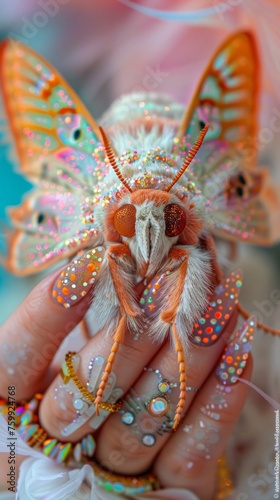 A stunningly intricate moth poses on a decorated hand, with focus on its feather-like antennae and embellished nails